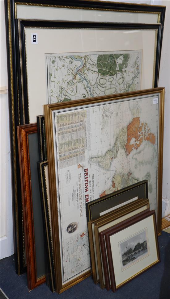 Six framed maps, various and 6 prints